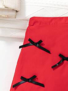 SHEIN Young Girls' Valentine's Day Party Elegant Office Lady Layered Bowknot Red Skirt,Holiday,Summer,Travel - Red - View 7