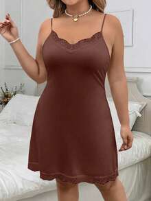 SHEIN Clasi 大码优雅纯色蕾丝边吊带连衣裙 - 棕色 - 查看 4