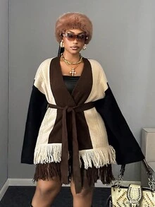 Maweii Women's Chocolate Brown Autumn Girlism Everyday Knitted Cardigan,Retro V-Neck Long Sleeve Tassel Color Block Waist Belt Plus Size Outerwear - Multicolor - View 2