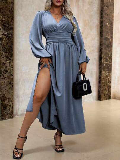 Roveilla Plus Size Women's V-Neck Lantern Sleeve Waist Pleated Dress Maxi Women Outfit