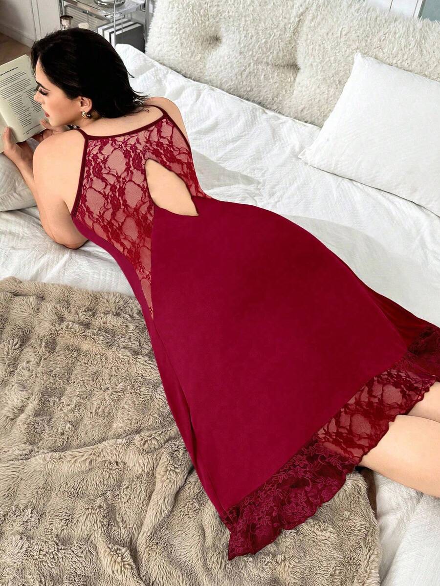 Seduluxe 大码女式休闲蕾丝拼布细肩带镂空后背睡袍红色内衣裙蕾丝睡袍女式睡袍酒红色睡袍 - 酒紅色 - 查看 1