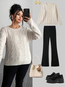 Elenzga Women's Casual Lace Long Sleeve Loose Fit Plus Size Sweater, Suitable For Outings And Wedding Guests, Autumn/Winter - Apricot - View 7