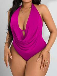 SHEIN PETITE CURVE Body cu imprimeu halter, drapat în față, fără spate, pentru femei, mărime mare - Violet - Vizualizare 3