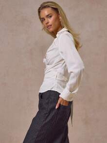 MUSERA Plunge Neck Wrap Detail Ruched Cinched Collard Blouse Autumn  Cool Streetwear Going Out Casual Everyday Spring Summer Holiday - White - View 3