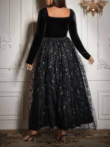 Flirla 优雅性感公主风复古珍珠亮片网纱天鹅绒派对舞会长裙，修身A字廓形，大码女装，秋冬款 - 黑色 - 查看 2