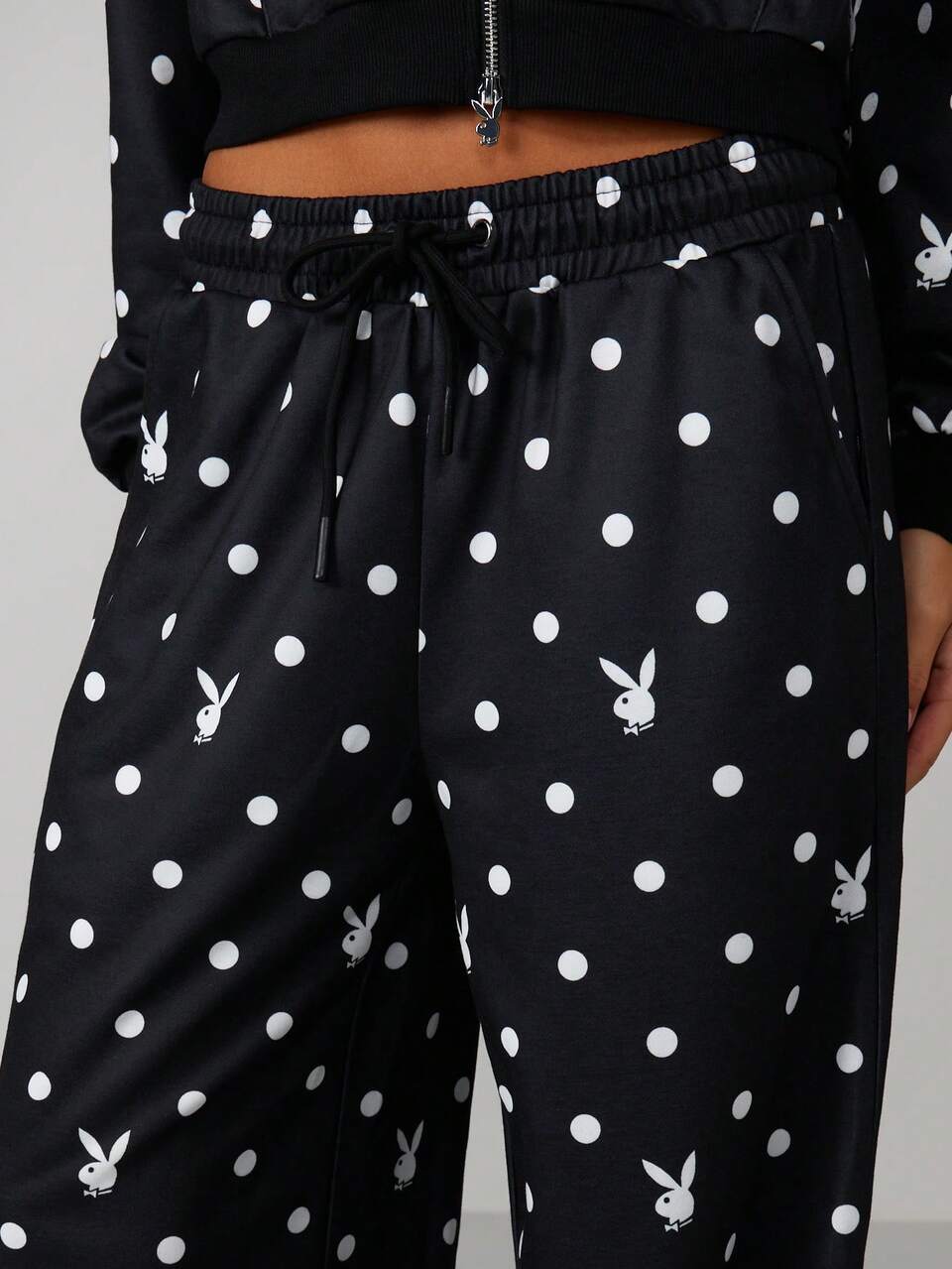 Missguided x Playboy Polka Dot Bunny Print Two Piece Hoodie Jogger Set With Zip Front And Drawstring