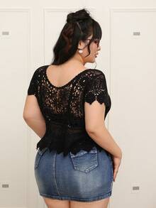 CovetEZ Plus Size Summer Crochet Vintage Vacation Knit Top Black Crochet Top Lace Top Crochet Top Women Black See Through Top Lace Tops For Women - Black - View 2