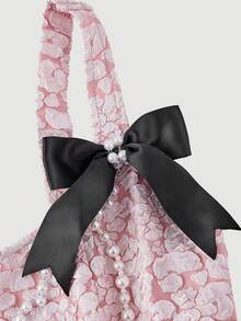 SHEIN MOD Vestido Mini com Alça de Corrente de Pérolas e Laço, Moda Feminina - Rosa chiclete - Visão 4