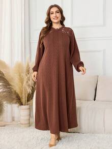 Lacomfia Plus Size Elegant Long Knit Dress With Lace Hollow-Out Shoulder And Lantern Sleeves, Deep Brown - Coffee Brown - View 7