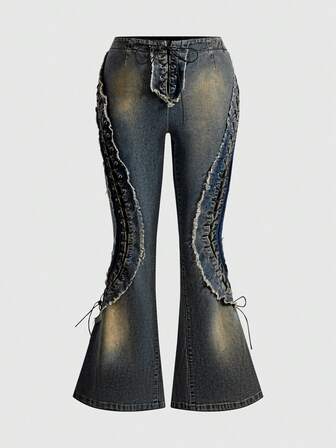 Grunge Punk Jeans a zampa di elefante skinny con decorazioni in pizzo traforato e lacci, stile Y2K, taglie comode