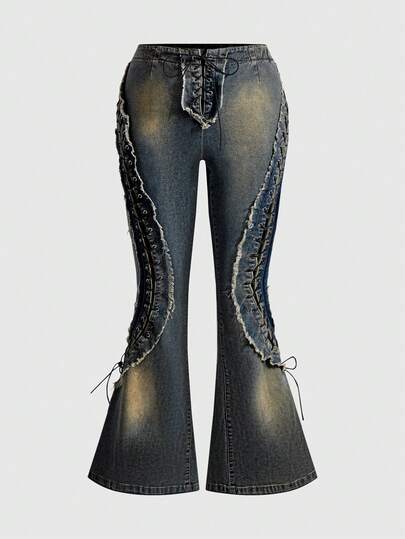 Grunge Punk Jeans a zampa di elefante skinny con decorazioni in pizzo traforato e lacci, stile Y2K, taglie comode