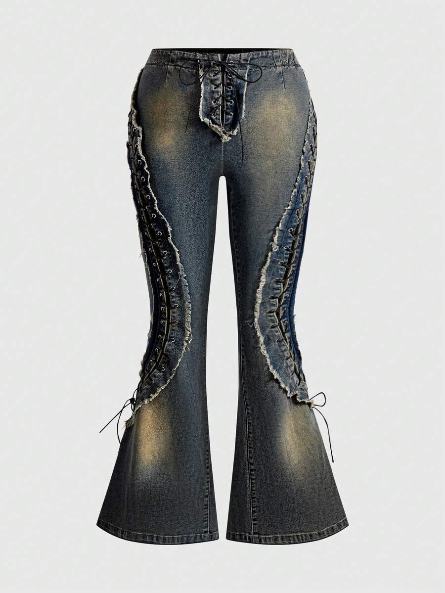 ROMWE Grunge Punk Y2K Baddie Hollow Eyelet Lace-Up Decor Plus Size Skinny Flare Jeans - Blue - View 1