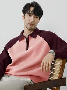 Claim Dot Áo len nam cổ polo tay raglan phối màu tương phản, khóa kéo, kiểu dáng thường ngày, thích hợp cho mùa thu/đông. Áo polo dệt kim nam, áo sơ mi nam phối màu. - Màu Đỏ Sâu - Xem 4