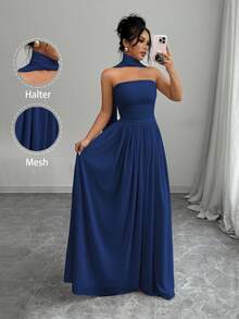 Elenzga 1pc Women Solid Color Halter Dress With Pleated Detail, Elegant Sleeveless Long Dress Maxi Women Outfit - Navy Blue - View 4