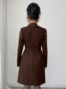 Elenzga Manteau pour femmes avec décoration de perles, croisé, design cintré à la taille, élégant pour le quotidien, les trajets, le style casual, la mode, le style de rue français, le vintage, les fêtes, les affaires, noir, manches longues, automne/hiver - Tabac - Voir 2