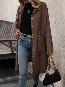 EMERY ROSE 加大码乡村服装女式灯芯绒双口袋纽扣门襟中长外套，秋季女装 - 棕色 - 查看 6