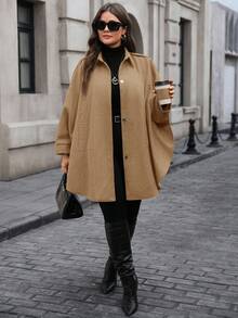 EMERY ROSE Plus Size Elegant Commuter Solid Color Batwing Sleeve Overcoat/Winter - Khaki - View 5