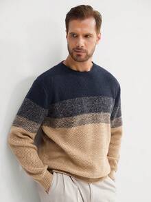 Manfinity Homme 男士撞色圆领长袖休闲宽松针织毛衣，秋冬 - 彩色 - 查看 4