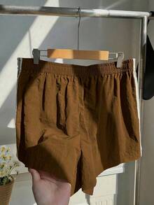 Comfortcana 大码夏季休闲宽松撞色侧边短裤 - 棕色 - 查看 2