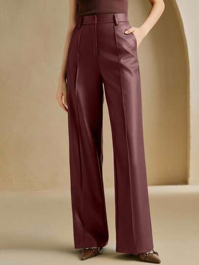 Anewsta Women's Soft Leather Wide-Leg Pants,High-Quality Burgundy Elegant Office Winter Chic Stylish Business Casual For Fall New Year Party Wedding,Christmas