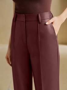 Anewsta 新款高品质柔软皮革阔腿裤，适合秋季、冬季、春季、新年、派对、婚礼、时尚、优雅、商务休闲等场合，也适合感恩节、毕业典礼、圣诞节等节日穿着。 - 酒紅色 - 查看 5
