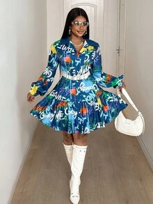 Maweii Plus Size Women Vintage Street Style Full Print Waist Cinched Dresswinter Christmas Summer Party Elegant New Year - Multicolor - View 3