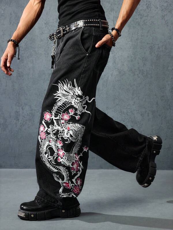 ROMWE MEN Anime Men's Fashion Street Dragon & Sakura Print Loose Wide Leg Flared Jeans, Belt Not Included