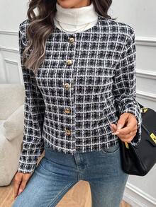 EMERY ROSE 秋冬新款格纹面料圆领长袖优雅时尚优雅外套，适合多种场合 - 彩色 - 查看 4