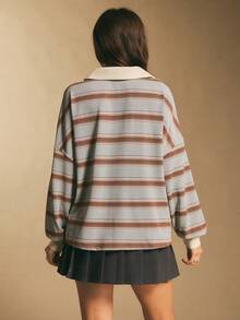 Poéselle Women's Oversized Striped Rugby Polo Shirt – Long-Sleeve Collared Preppy Tee In Soft Knit Oversized Rugby Shirt Women Striped Polo Shirt Preppy Aesthetic Vintage Rugby Top Old Money Style Collegiate Fashion Fall Casual Layering Long Sleeve Polo Women Women's Casual Striped Dropped Shoulder Loose T-Shirt, Autumn Winter For Women