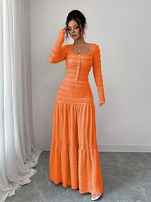 Selianne Bộ 2 món áo sơ mi cổ vuông tay dài cài nút và chân váy chữ A dài chấm đất họa tiết màu hồng phong cách nghỉ dưỡng giản dị cho nữ, mùa thu - trái cam - Xem 3