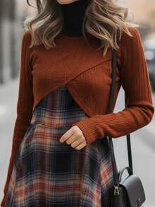 EMERY ROSE Bộ 2 món áo crop top dài tay viền chéo họa tiết kẻ caro xuân/thu cho nữ - Nhiều màu - Xem 4