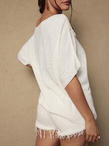 Freevana 大码女式纯色蝙蝠袖花卉装饰优雅套头毛衣 - 白色 - 查看 6