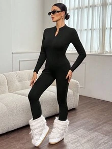 SHEIN Tall 黑色针织女士紧身连体滑雪服，秋冬季，黑色保暖加厚连体服，高个款 - 黑色 - 查看 8