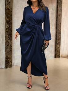 Roveilla Plus Size Solid V Neck Wrap Twist Long Sleeve Dress Maxi Women Outfit