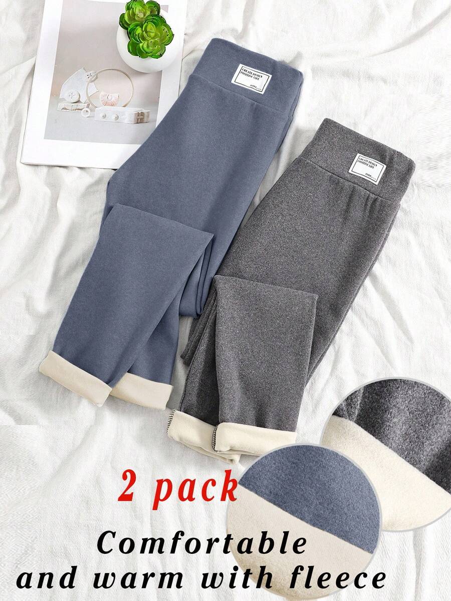 SHEIN Dwuczęściowe, dopasowane, termiczne legginsy polarowe dla nastolatek z naszywką w talii - Brudny niebieski - Zobacz 1