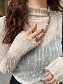 FRIFUL Women's Solid Color Stand Collar Mesh Fitted Blouse Long Sleeve Women - White - View 5