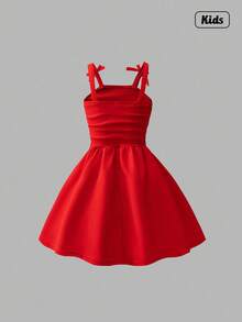 Sweetra 青少年女孩时尚优雅纯色 3D 丝带蝴蝶结肩部褶饰吊带长裙，适合派对和活动，春夏新品 - 紅色 - 查看 2