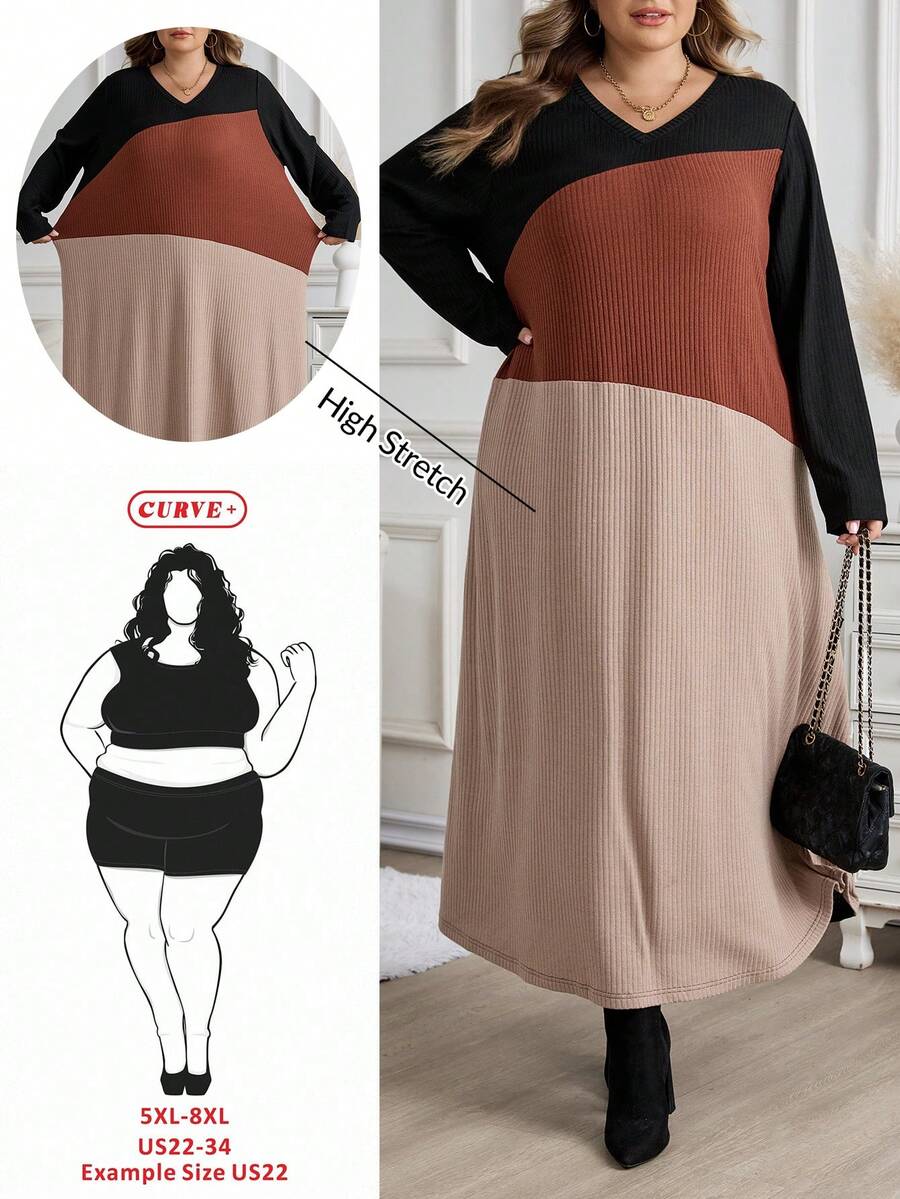 SHEIN CURVE+ Plus Size Color Block Round Neck Long Sleeve Loose Elegant Casual Dress, Autumn/Winter - Multicolor - View 1