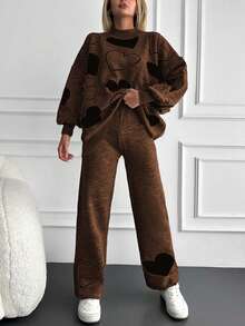 EURMUSE Women's Autumn/Winter Heart Pattern Drop Shoulder Long Sleeve Sweater And Loose Knitted Pants 2-Piece Set - Brown - View 3