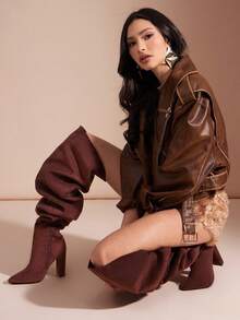 SHUZIA New Women's Chocolate Brown Faux Suede Point Toe Sexy Over The Knee Slouchy Chunky Heel Wide Calf Dance Holiday Party Fall Winter Boots - Chocolate Brown - View 4