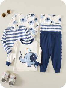 SHEIN 6件套婴儿男女童贴身睡衣套装，可爱大象条纹图案，柔软舒适睡衣 - 藍白色 - 查看 3