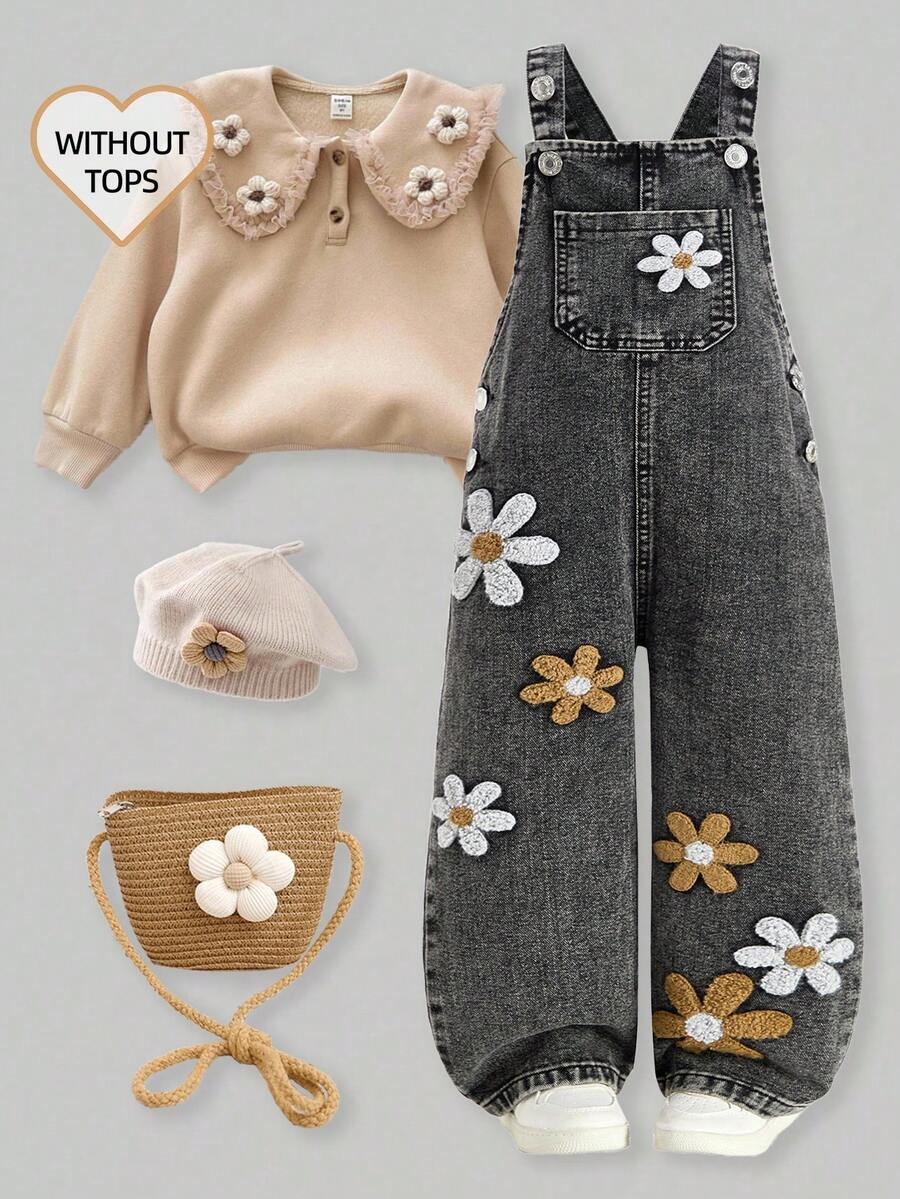 SHEIN ChillGRL Young Girl Floral 3D Decor Denim Bib Overalls Sunflower Girls Outfit Young Girl Outfit Set