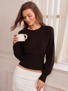 Hanevo Casual Round Neck Drawstring Waist Slim Fit Solid Color Knit Sweater, Versatile For Autumn/Winter - Coffee Brown - View 7