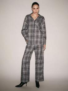 SHEIN Luminelle Bộ 2 món áo sơ mi dài tay ôm sát ve kẻ caro thường ngày + quần dài có túi xéo dành cho nữ - Màu xanh lam - Xem 3