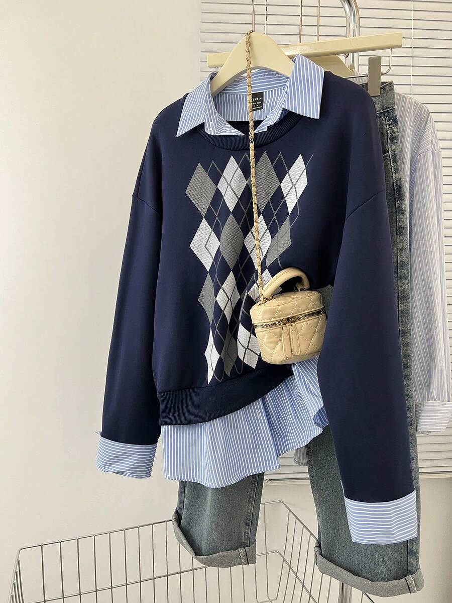 Resyla 女士休闲条纹拼接菱格纹印花卫衣，秋冬款 - 藏蓝色 - 查看 1