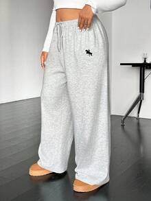 SHEIN EZwear 大码女式灰色休闲抽绳腰运动裤，秋冬，女式秋季服装阔腿运动裤女式运动裤舒适裤休闲裤灰色运动裤女式 - 灰色 - 查看 5