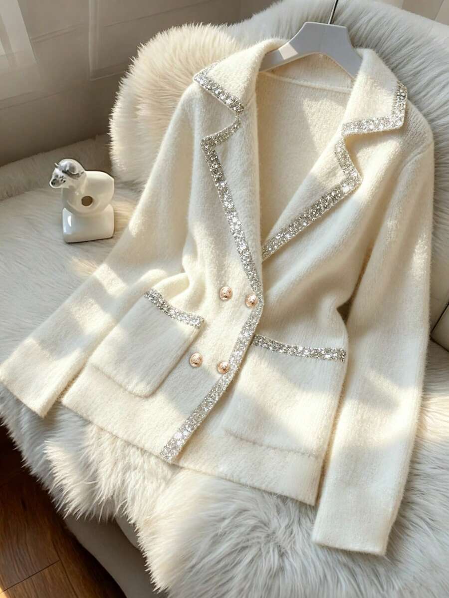 Franclia Nuevo cárdigan de punto elegante con hebilla de metal francesa en el cuello para mujer, para otoño/invierno