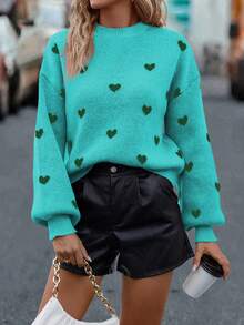 SHEIN LUNE Sweater Kasual Wanita Motif Hati dengan Bahu Longgar, Musim Gugur/Dingin - Hijau - View 5