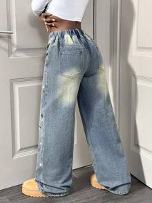 Slaydiva Omen's Jeans, Stylish Rhinestone Embellished Straight Leg Jeans, Retro Wash, Low-Rise Loose Straight Leg Pants, Y2K Jeans, Fashionable Street Style, Suitable For Parties, Music Festivals, Christmas, New Year, Valentine's Day. - Light Wash - View 2