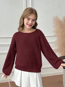 SHEIN Serisse Kids 少女纯色不对称领口长袖毛衣，适合秋冬季节和返校季穿着 - 酒紅色 - 查看 5